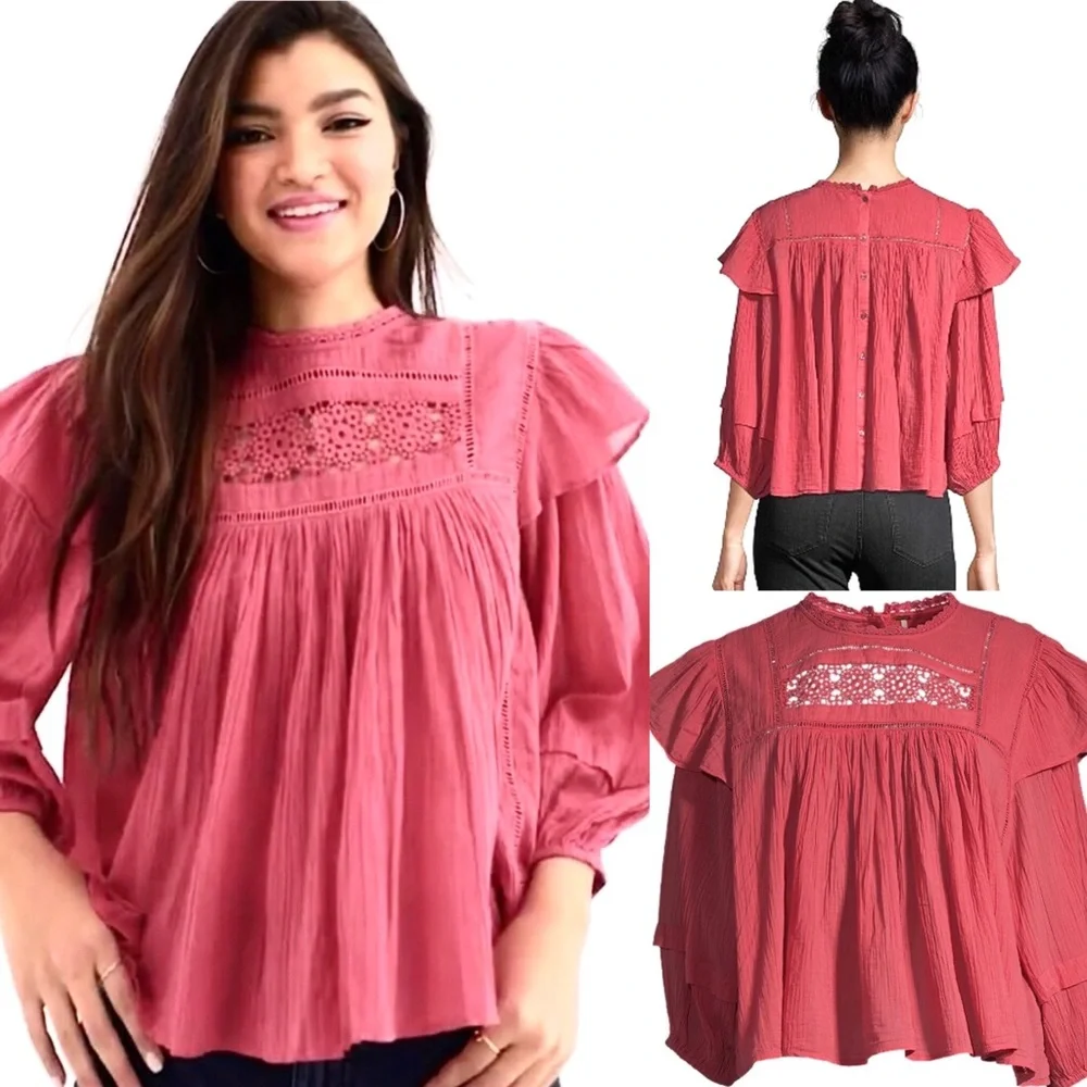 Free People Laura Western Eyelet Lace Flor E Mayo Blouse